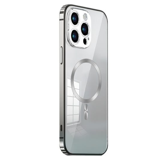 For iPhone 14 Pro MagSafe Magnetic Stainless Steel Frame Transparent TPU Phone Case(Silver) - iPhone 14 Pro Cases by buy2fix | Online Shopping UK | buy2fix