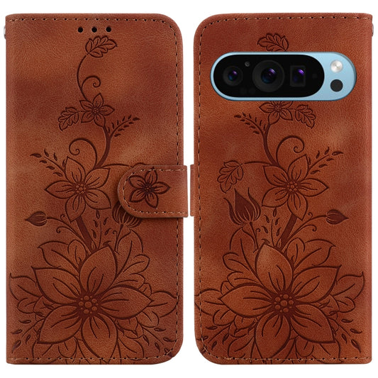 For Google Pixel 9 Lily Embossed Leather Phone Case(Brown) - Google Cases by buy2fix | Online Shopping UK | buy2fix