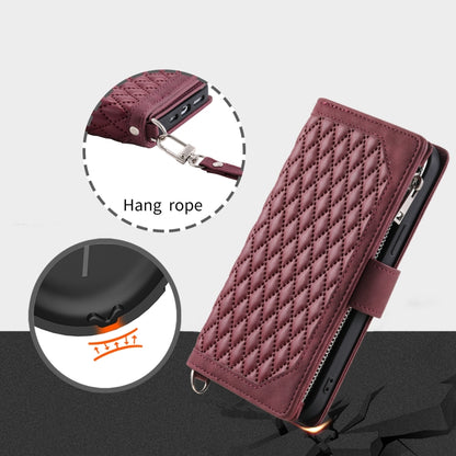 For iPhone 16 Grid Texture Zipper Leather Phone Case with Lanyard(Wine Red) - iPhone 16 Cases by buy2fix | Online Shopping UK | buy2fix