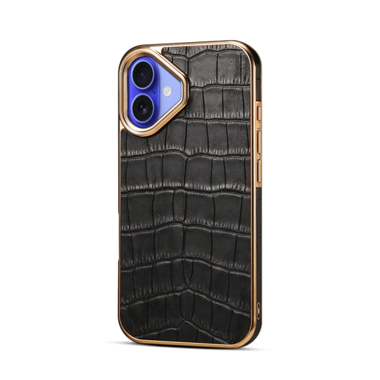 For iPhone 16 Plus Denior Crocodile Texture Genuine Leather Electroplating Phone Case(Black) - More iPhone Cases by Denior | Online Shopping UK | buy2fix