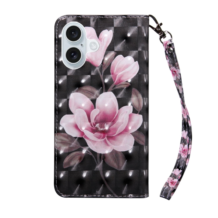 For iPhone 16 3D Painted Leather Phone Case(Pink Flower) - iPhone 16 Cases by buy2fix | Online Shopping UK | buy2fix