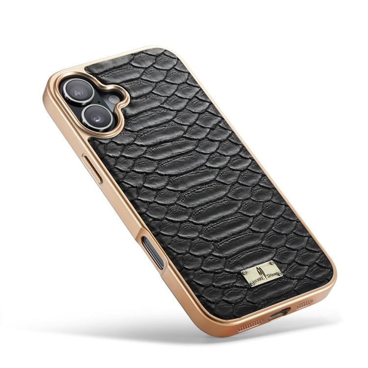 For iPhone 16 Plus Fierre Shann Python Texture Electroplating PU Phone Case(Black) - iPhone 16 Plus Cases by FIERRE SHANN | Online Shopping UK | buy2fix