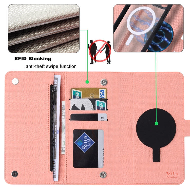 For iPhone 14 Plus ViLi GHB Series MagSafe Magnetic Zipper Leather Phone Case(Pink) - iPhone 14 Plus Cases by ViLi | Online Shopping UK | buy2fix
