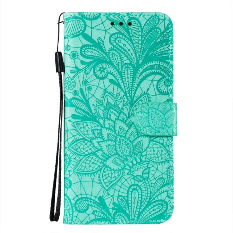 For iPhone 16 Lace Flower Embossing Flip Leather Phone Case(Green) - iPhone 16 Cases by buy2fix | Online Shopping UK | buy2fix