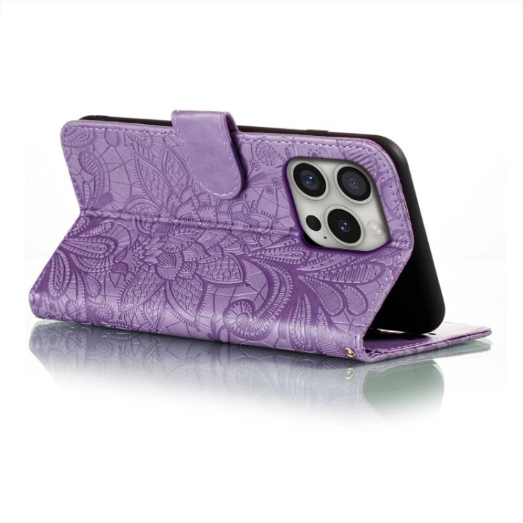 For iPhone 16 Pro Lace Flower Embossing Flip Leather Phone Case(Purple) - iPhone 16 Pro Cases by buy2fix | Online Shopping UK | buy2fix