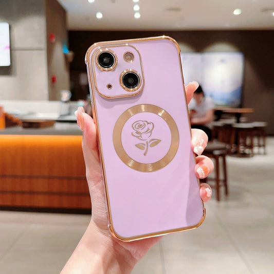 For iPhone 14 Plus Electroplate Side Roses Flower MagSafe Phone Case(Purple) - iPhone 14 Plus Cases by buy2fix | Online Shopping UK | buy2fix