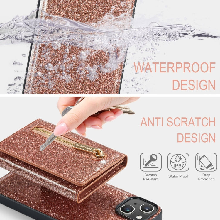 For iPhone 15 Plus DG.MING M3 Series Glitter Powder Card Bag Leather Phone Case(Rose Gold) - iPhone 15 Plus Cases by DG.MING | Online Shopping UK | buy2fix