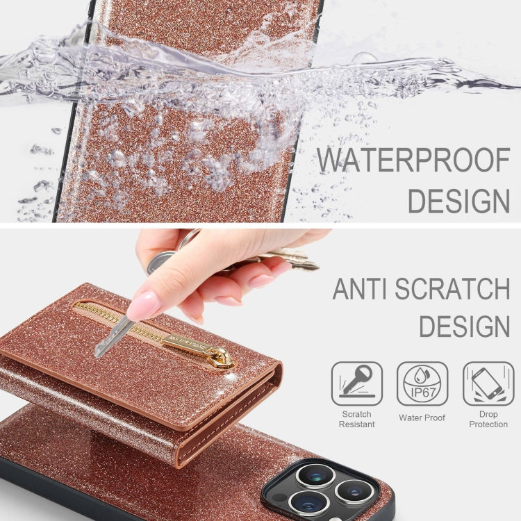 For iPhone 15 Pro DG.MING M3 Series Glitter Powder Card Bag Leather Phone Case(Rose Gold) - iPhone 15 Pro Cases by DG.MING | Online Shopping UK | buy2fix