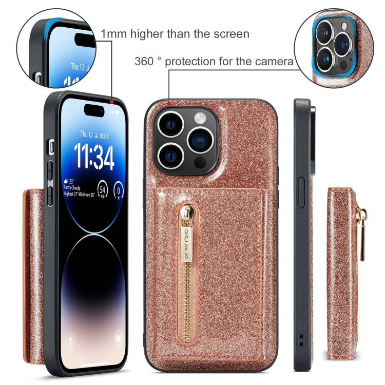 For iPhone 15 Pro DG.MING M3 Series Glitter Powder Card Bag Leather Phone Case(Rose Gold) - iPhone 15 Pro Cases by DG.MING | Online Shopping UK | buy2fix