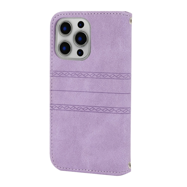 For iPhone 16 Pro Embossed Stripes Skin Feel Leather Phone Case(Light Purple) - iPhone 16 Pro Cases by buy2fix | Online Shopping UK | buy2fix