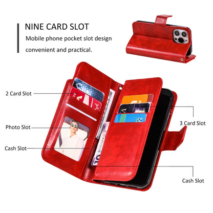 For iPhone 16 Pro Max Tri-Fold 9-Card Wallets Leather Phone Case(Red) - iPhone 16 Pro Max Cases by buy2fix | Online Shopping UK | buy2fix