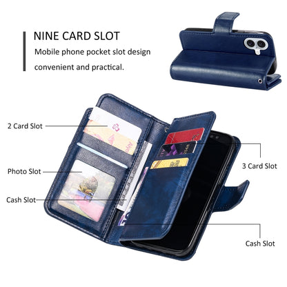 For iPhone 16 Tri-Fold 9-Card Wallets Leather Phone Case(Blue) - iPhone 16 Cases by buy2fix | Online Shopping UK | buy2fix