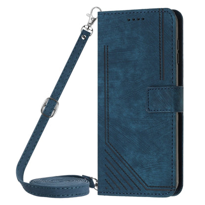 For Motorola Moto G Play 2024 Skin Feel Stripe Pattern Leather Phone Case with Lanyard(Blue) - Motorola Cases by buy2fix | Online Shopping UK | buy2fix