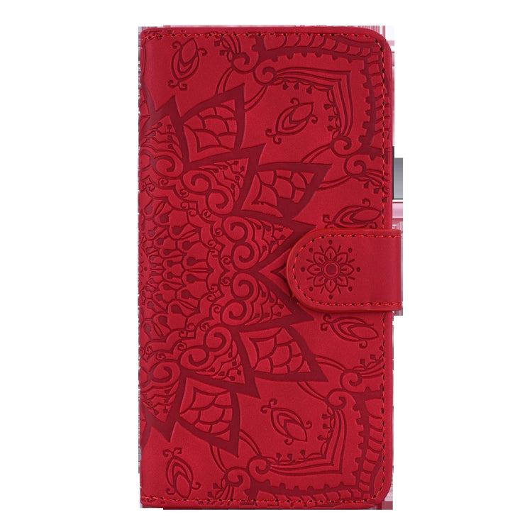 For iPhone 16 Mandala Embossed Dual-Fold Calf Leather Phone Case(Red) - iPhone 16 Cases by buy2fix | Online Shopping UK | buy2fix