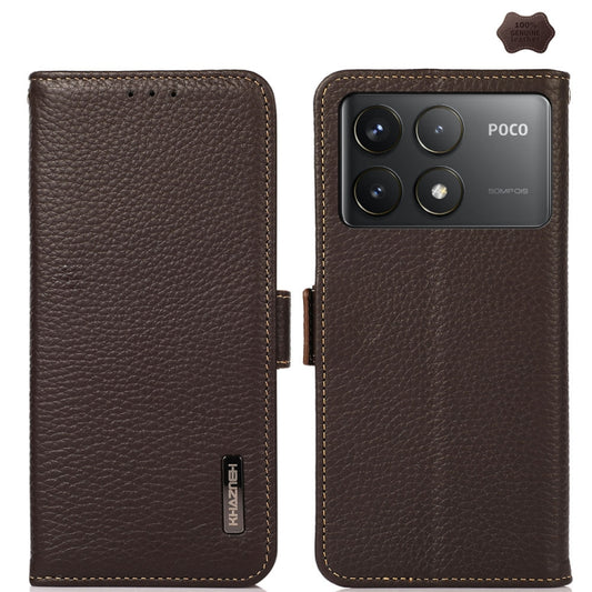 For Xiaomi Redmi K70 Pro KHAZNEH Side-Magnetic Litchi Genuine Leather RFID Phone Case(Brown) - K70 Pro Cases by buy2fix | Online Shopping UK | buy2fix