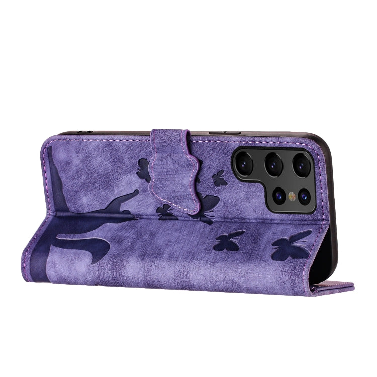 For Samsung Galaxy S23 Ultra 5G Butterfly Cat Embossing Flip Leather Phone Case(Purple) - Galaxy S23 Ultra 5G Cases by buy2fix | Online Shopping UK | buy2fix