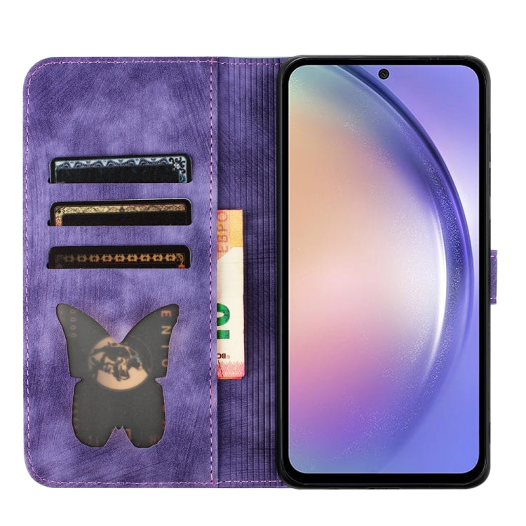 For Samsung Galaxy A55 Butterfly Cat Embossing Flip Leather Phone Case(Purple) - Galaxy Phone Cases by buy2fix | Online Shopping UK | buy2fix