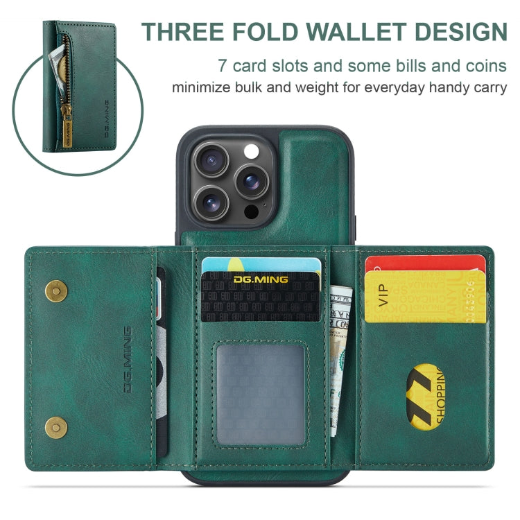 For iPhone 16 Pro DG.MING M5 Series Zip RFID Multi Card Detachable Leather Phone Case(Green) - iPhone 16 Pro Cases by DG.MING | Online Shopping UK | buy2fix