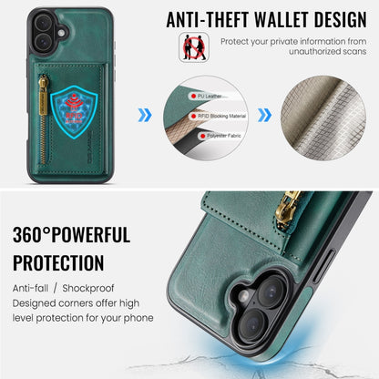 For iPhone 16 Plus DG.MING M5 Series Zip RFID Multi Card Detachable Leather Phone Case(Green) - iPhone 16 Plus Cases by DG.MING | Online Shopping UK | buy2fix