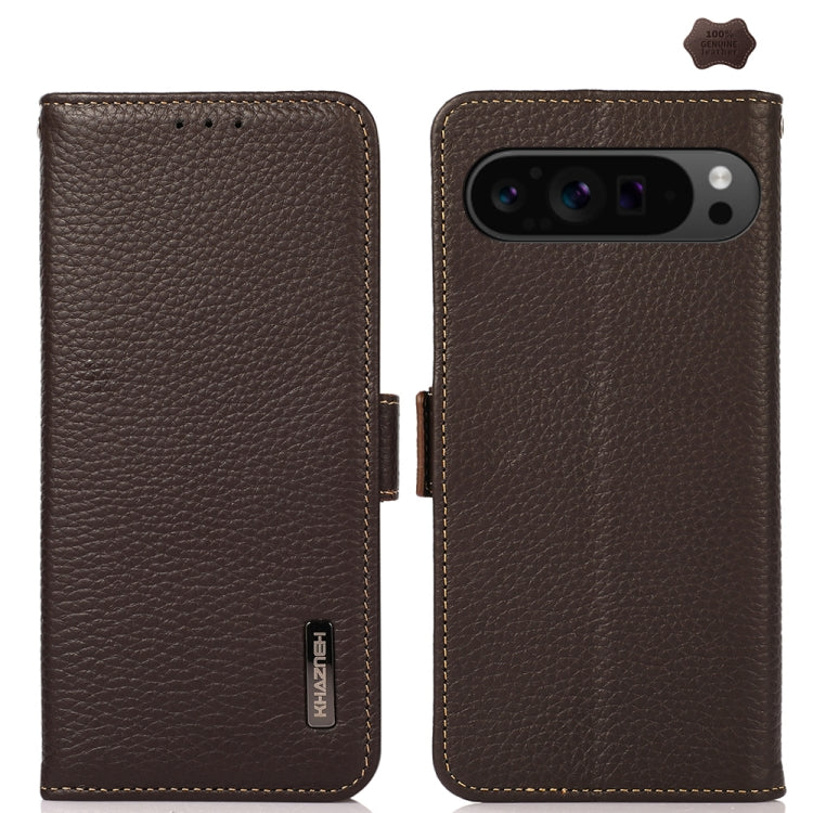 For Google Pixel 9 Pro KHAZNEH Side-Magnetic Litchi Genuine Leather RFID Phone Case(Brown) - Google Cases by buy2fix | Online Shopping UK | buy2fix