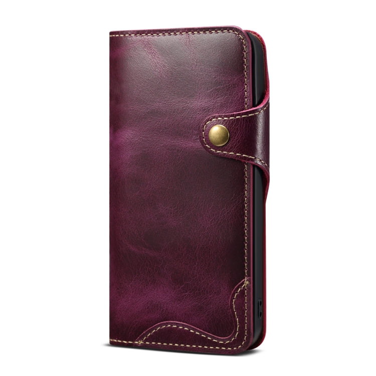 For iPhone 15 Pro Max Denior Oil Wax Cowhide Magnetic Button Genuine Leather Case(Purple) - iPhone 15 Pro Max Cases by Denior | Online Shopping UK | buy2fix