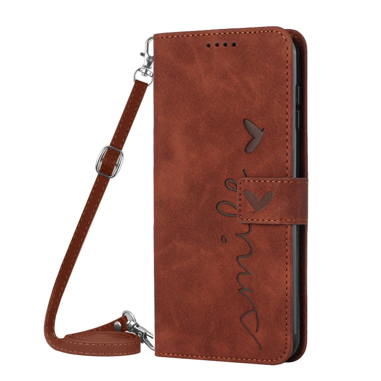 For Xiaomi 14 Ultra Skin Feel Heart Embossed Leather Phone Case with Long Lanyard(Brown) - 14 Ultra Cases by buy2fix | Online Shopping UK | buy2fix