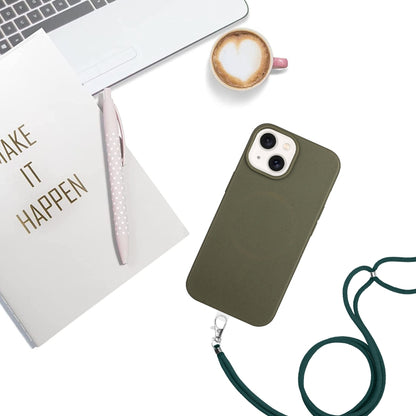 For iPhone 14 Wheat MagSafe Magnetic Straw Material + TPU Phone Case with Lanyard(Army Green) - iPhone 14 Cases by buy2fix | Online Shopping UK | buy2fix