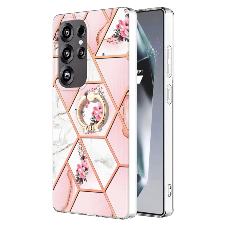 For Samsung Galaxy S25 Ultra 5G Electroplating Splicing Marble Flower Pattern TPU Shockproof Case with Rhinestone Ring Holder(Pink Flower) - Galaxy S25 Ultra 5G Cases by buy2fix | Online Shopping UK | buy2fix