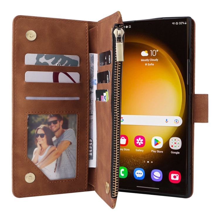 For Samsung Galaxy S24 Ultra 5G Multifunctional Frosted Zipper Wallet Leather Phone Case(Brown) - Galaxy S24 Ultra 5G Cases by buy2fix | Online Shopping UK | buy2fix