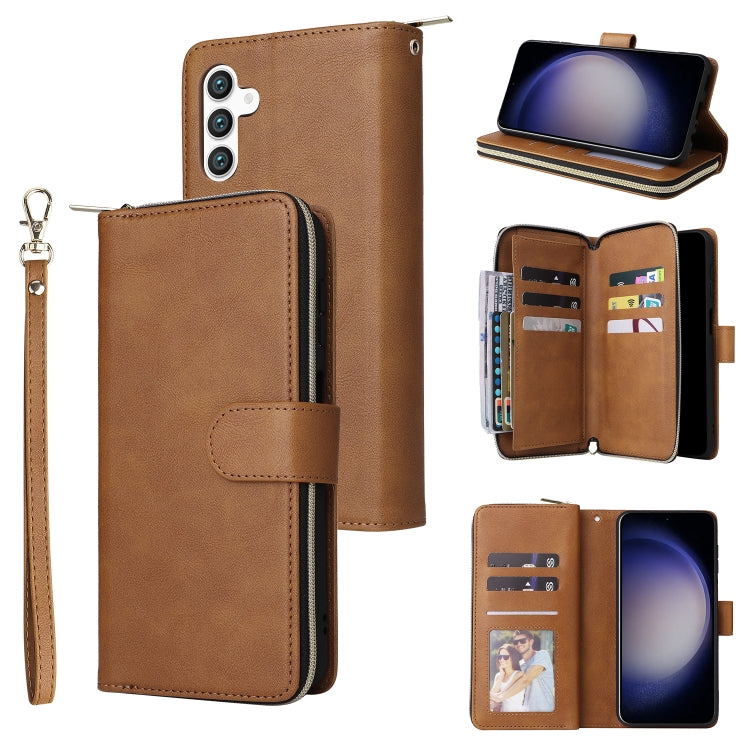 For Samsung Galaxy S24 5G 9-Card Slots Zipper Wallet Bag Leather Phone Case(Brown) - Galaxy S24 5G Cases by buy2fix | Online Shopping UK | buy2fix