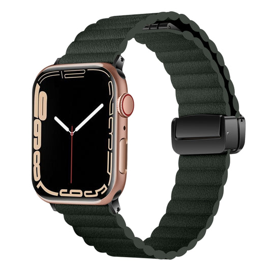 For Apple Watch SE 2022 44mm Water Ripple Magnetic Folding Buckle Watch Band, Style: Bold Version(Dark Green) - Watch Bands by buy2fix | Online Shopping UK | buy2fix