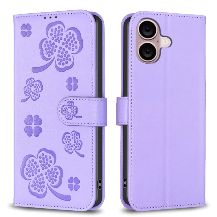 For iPhone 16 Four-leaf Embossed Leather Phone Case(Purple) - iPhone 16 Cases by buy2fix | Online Shopping UK | buy2fix