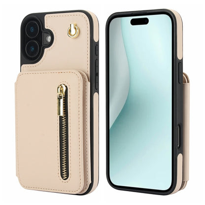 For iPhone 16 Plus YM006 Skin Feel Zipper Card Bag Phone Case with Dual Lanyard(Apricot) - iPhone 16 Plus Cases by buy2fix | Online Shopping UK | buy2fix