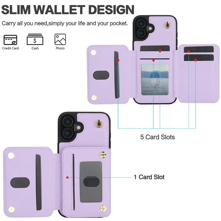 For iPhone 16 Plus YM006 Skin Feel Zipper Card Bag Phone Case with Dual Lanyard(Light Purple) - iPhone 16 Plus Cases by buy2fix | Online Shopping UK | buy2fix