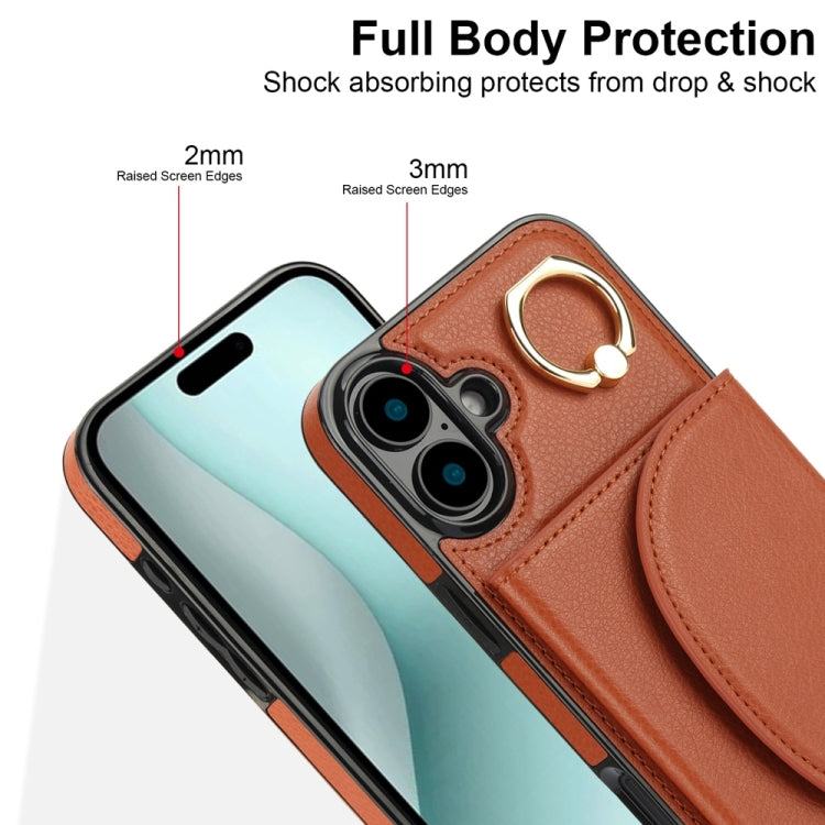 For iPhone 16 YM007 Ring Holder Card Bag Skin Feel Phone Case(Brown) - iPhone 16 Cases by buy2fix | Online Shopping UK | buy2fix