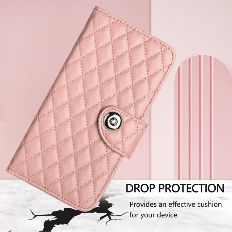 For iPhone 16 Pro Rhombic Texture Flip Leather Phone Case with Lanyard(Coral Pink) - iPhone 16 Pro Cases by buy2fix | Online Shopping UK | buy2fix