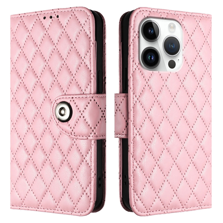 For iPhone 16 Pro Rhombic Texture Flip Leather Phone Case with Lanyard(Pink) - iPhone 16 Pro Cases by buy2fix | Online Shopping UK | buy2fix