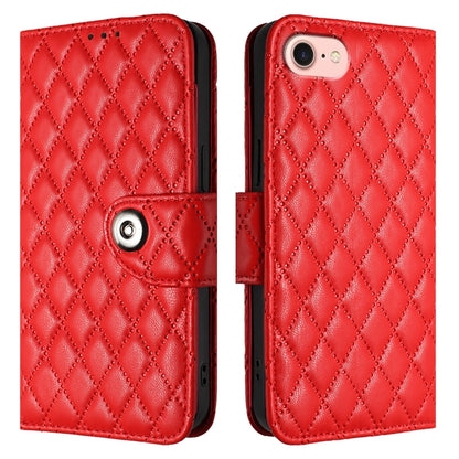 For iPhone SE 2024 Rhombic Texture Flip Leather Phone Case with Lanyard(Red) - More iPhone Cases by buy2fix | Online Shopping UK | buy2fix