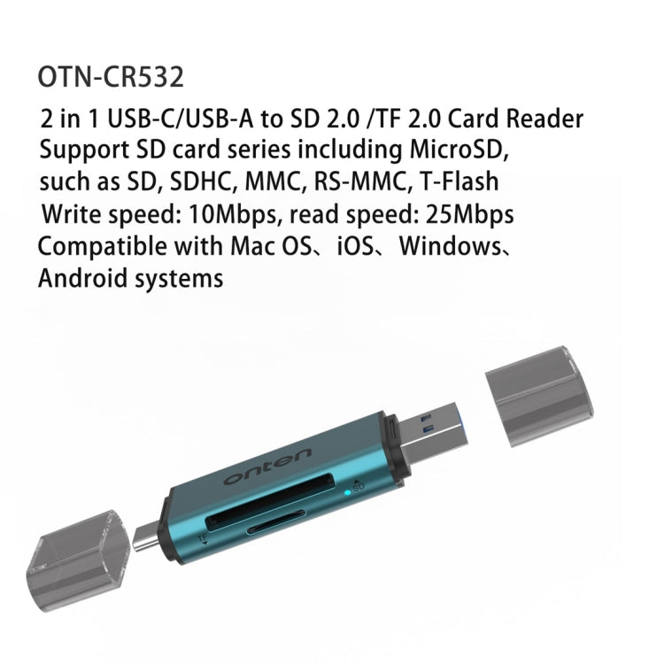 Onten CR532 2 in 1 USB-A / USB-C to SD2.0 / TF2.0 USB Card Reader(Pine Green) -  by Onten | Online Shopping UK | buy2fix