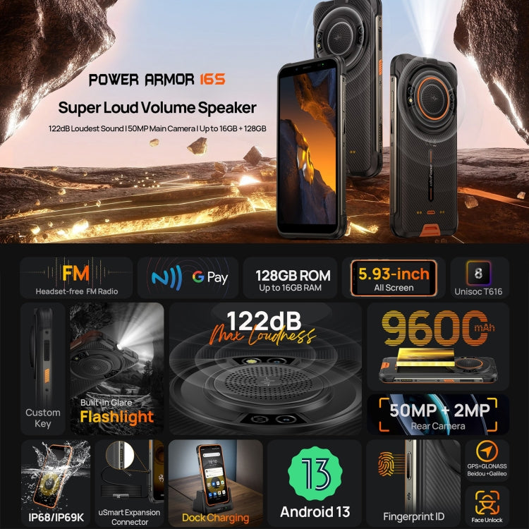 [HK Warehouse] Ulefone Power Armor 16S Rugged Phone, 8GB+128GB, 9600mAh Battery, Side Fingerprint, 5.93 inch Android 13 Unisoc T616 Octa Core up to 2.0GHz, Network: 4G, NFC, OTG(Orange) - Ulefone by Ulefone | Online Shopping UK | buy2fix