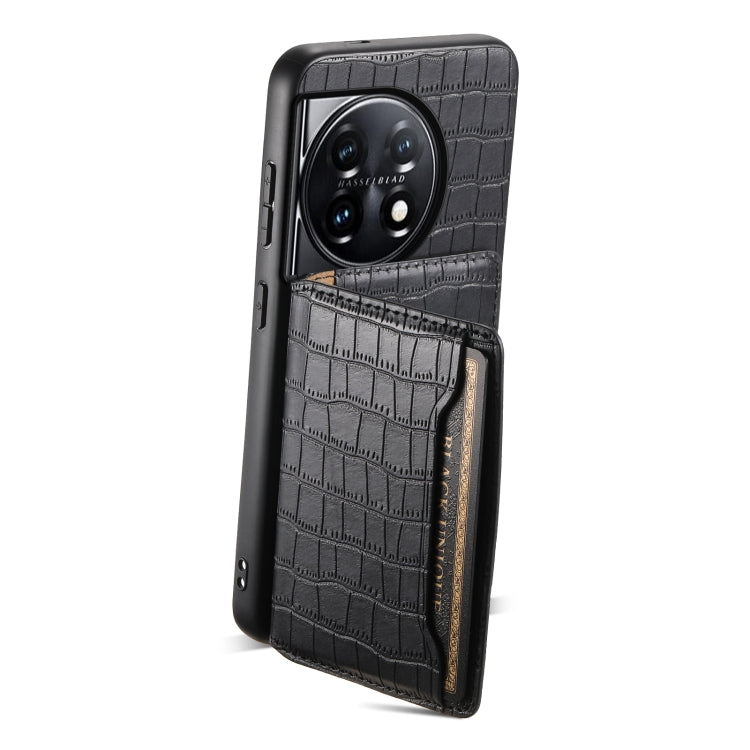 For OnePlus 11 Crocodile Texture Card Bag Design Full Coverage Phone Case(Black) - OnePlus Cases by buy2fix | Online Shopping UK | buy2fix