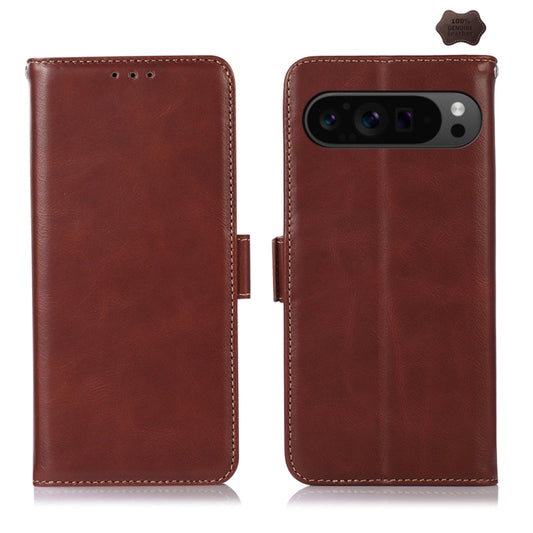 For Google Pixel 9 Pro Crazy Horse Top Layer Cowhide Leather Phone Case(Brown) - Google Cases by buy2fix | Online Shopping UK | buy2fix