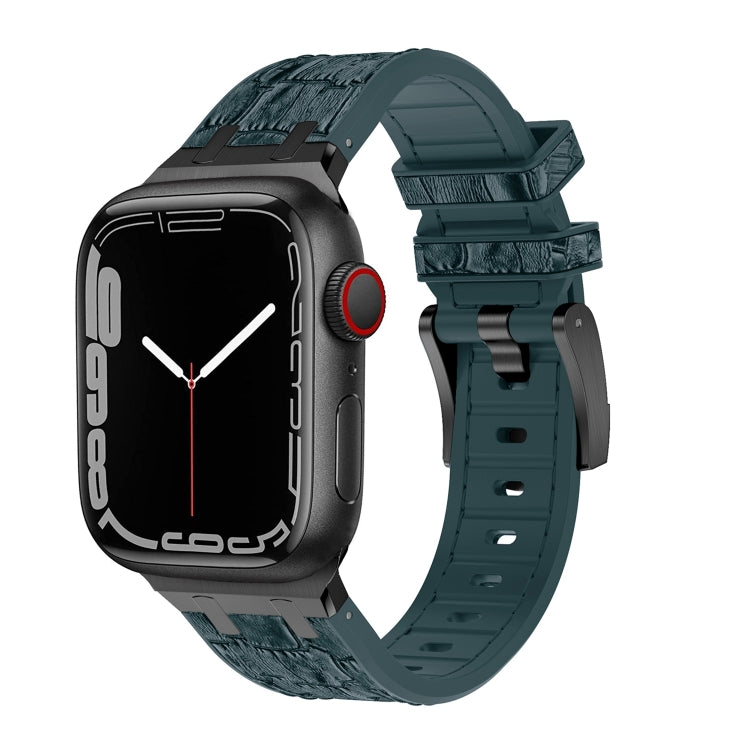 For Apple Watch SE 2023 44mm Crocodile Texture Liquid Silicone Watch Band(Black Deep Green) - Watch Bands by buy2fix | Online Shopping UK | buy2fix