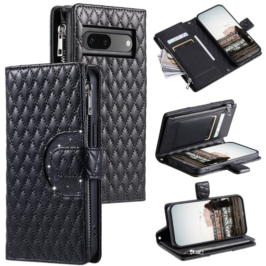 For Google Pixel 7 5G Glitter Lattice Zipper Wallet Leather Phone Case(Black) - Google Cases by buy2fix | Online Shopping UK | buy2fix