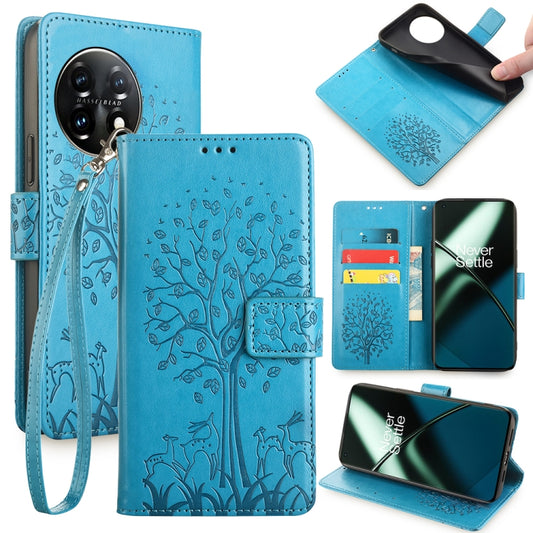 For OnePlus 11 Tree & Deer Embossed Leather Phone Case(Blue) - OnePlus Cases by buy2fix | Online Shopping UK | buy2fix