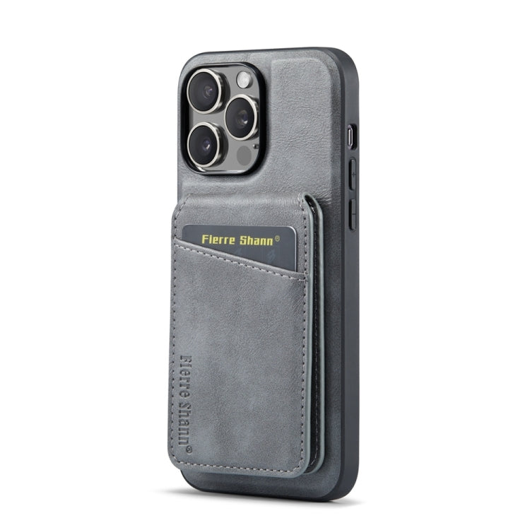 For iPhone 15 Pro Max Fierre Shann Oil Wax Cow Leather Magnetic Card Holder Phone Case(Grey) - iPhone 15 Pro Max Cases by FIERRE SHANN | Online Shopping UK | buy2fix