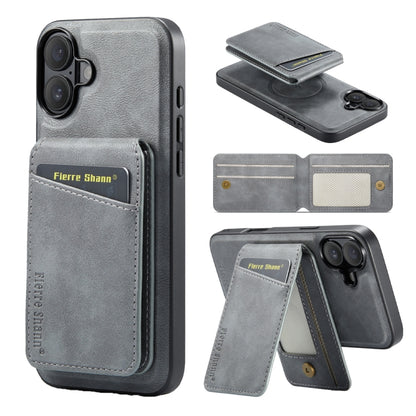 For iPhone 16 Fierre Shann Oil Wax Cow Leather Magnetic Card Holder Phone Case(Grey) - iPhone 16 Cases by FIERRE SHANN | Online Shopping UK | buy2fix