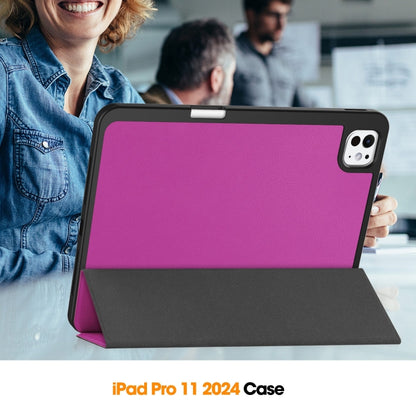 For iPad Pro 11 2024 Custer TPU Pure Color 3-Fold Holder Smart Leather Tablet Case with Pen Tray(Purple) - iPad Pro 11 2024 Cases by buy2fix | Online Shopping UK | buy2fix