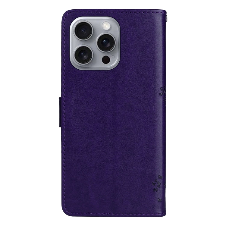 For iPhone 16 Pro Max Tree & Cat Embossed Pattern Flip Leather Phone Case(Purple) - iPhone 16 Pro Max Cases by buy2fix | Online Shopping UK | buy2fix