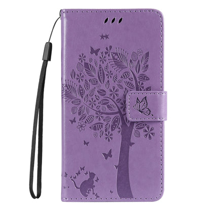 For iPhone 16 Pro Tree & Cat Embossed Pattern Flip Leather Phone Case(Light Purple) - iPhone 16 Pro Cases by buy2fix | Online Shopping UK | buy2fix